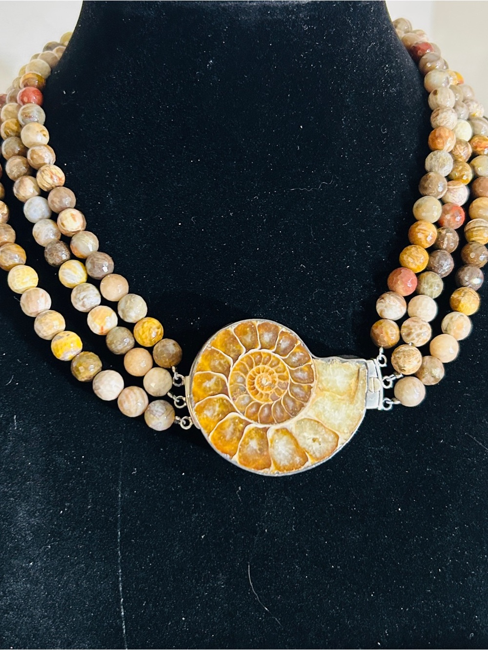 Multi-Strand Jasper Bead Necklace with Ammonite Fossil 925 Pendant